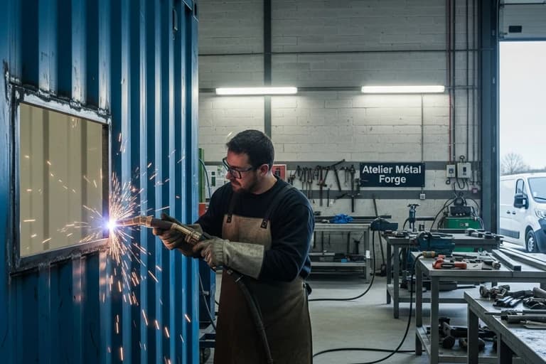 Artisan soudant un container maritime bleu dans un atelier métallurgie pour transformation en food truck