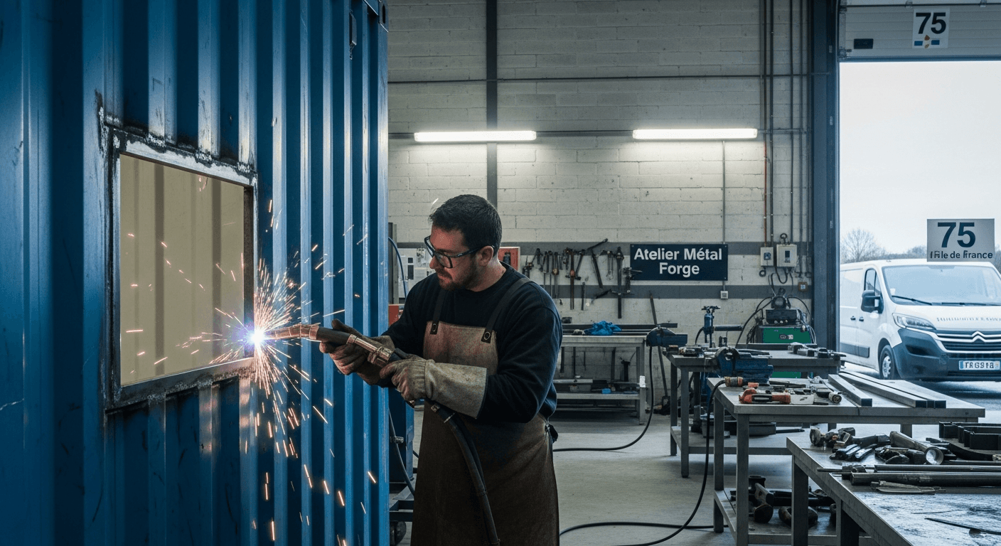 Artisan soudant un container maritime bleu dans un atelier métallurgie pour transformation en food truck