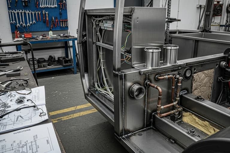 Atelier de fabrication MCR avec plans techniques et équipements inox pour aménagement de food truck