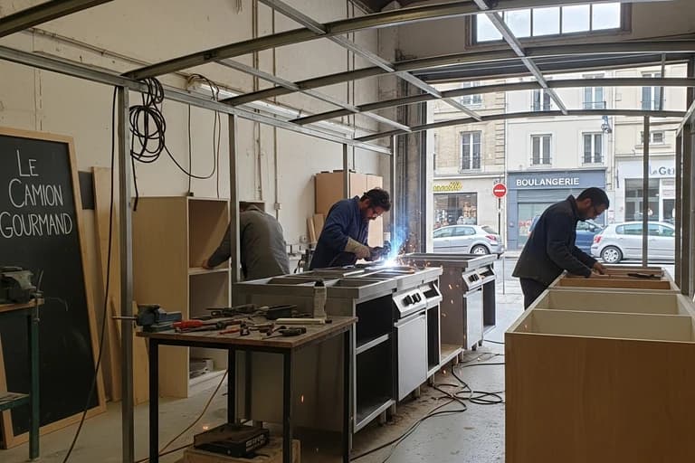 Atelier de fabrication Mon Camion Resto avec artisans soudant structures métalliques pour food trucks