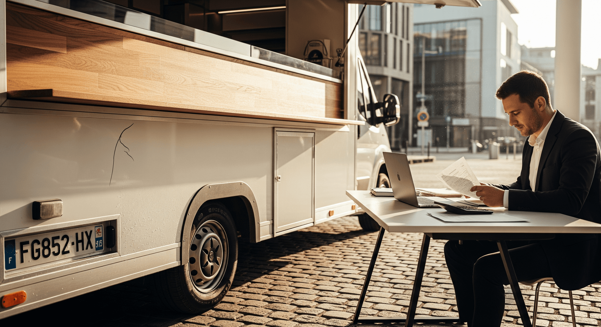 Concept mobile de restauration blanc et bois, un entrepreneur gère son activité en extérieur.
