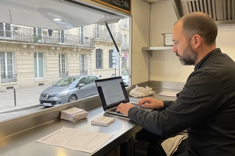 Opérateur food truck gérant avis clients sur PC portable dans cuisine mobile inox, vue rue parisienne.