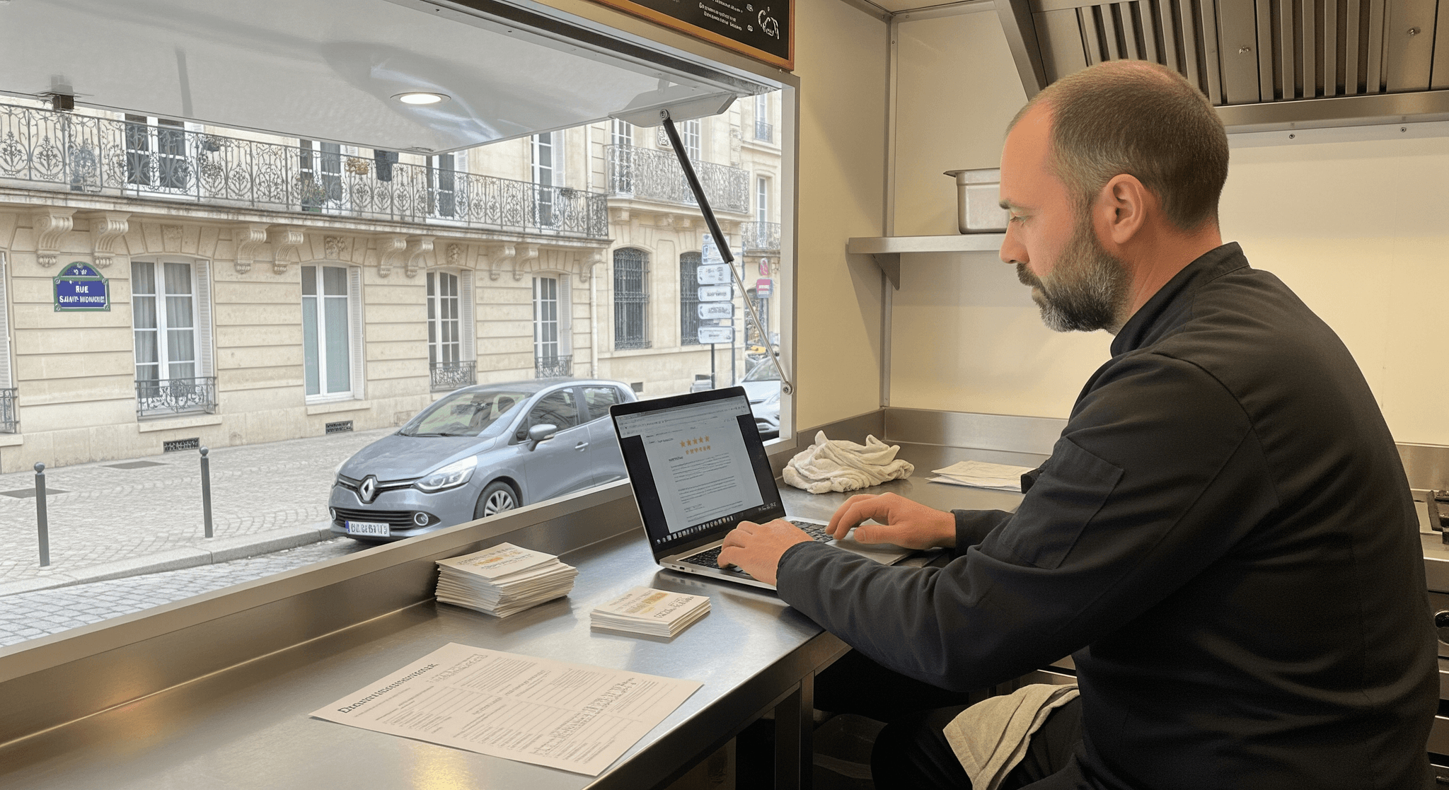 Opérateur food truck gérant avis clients sur PC portable dans cuisine mobile inox, vue rue parisienne.