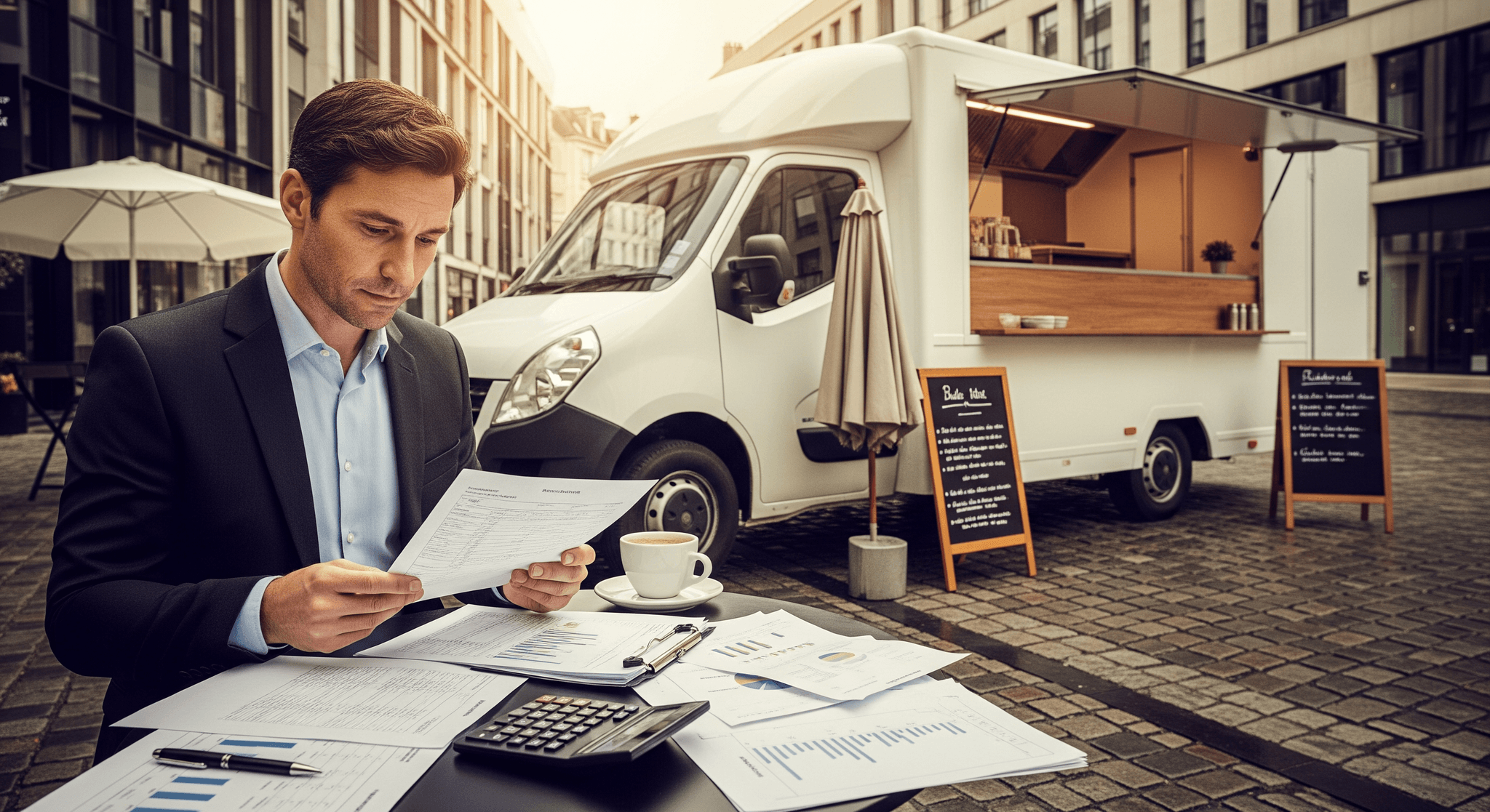 Entrepreneur évaluant un budget pour son projet de food truck, avec un camion aménagé blanc moderne en arrière-plan.