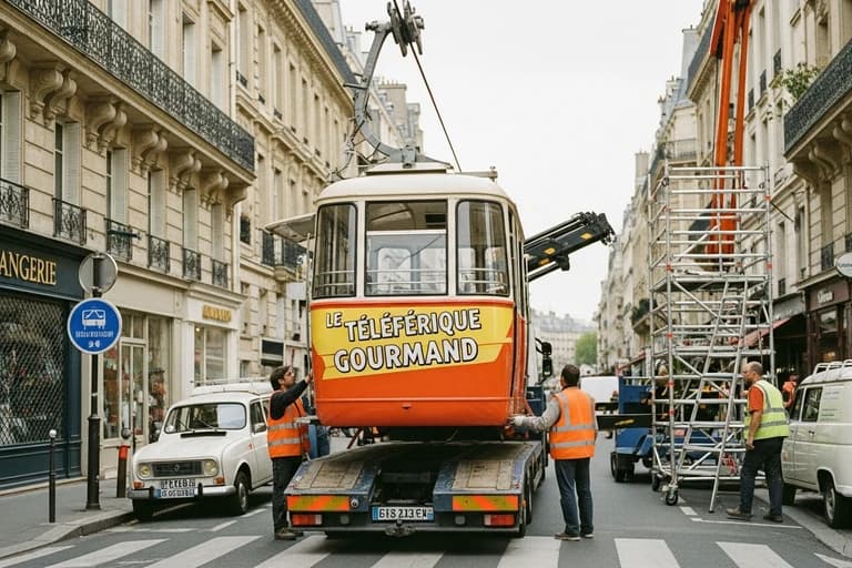 Cabine de téléphérique vintage orange et jaune transportée sur remorque plateau en centre-ville
