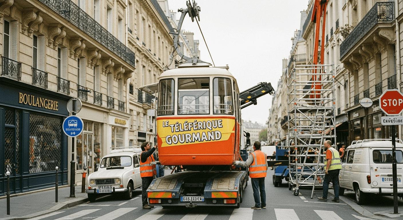 Cabine de téléphérique vintage orange et jaune transportée sur remorque plateau en centre-ville