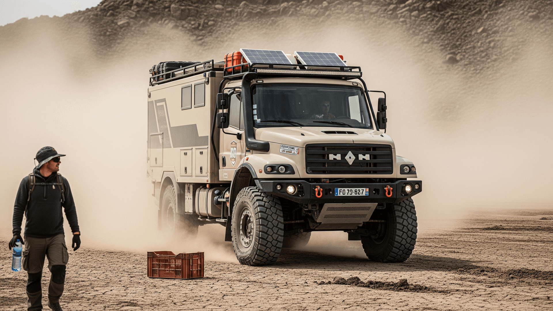 Camion d'expédition tout-terrain beige, équipé de panneaux solaires, roulant dans un environnement désertique poussiéreux.