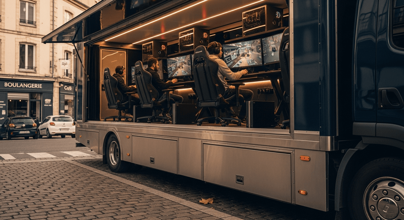 Camion gaming mobile aménagé avec postes de jeux vidéo et écrans intégrés stationné en ville
