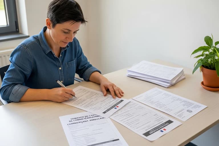 Entrepreneur complétant la demande de carte de commerçant ambulant, nécessaire pour un food truck ou concept mobile.
