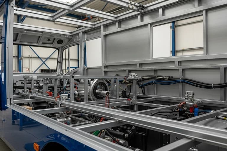 Châssis de food truck en construction avec structure aluminium et équipements de cuisine professionnelle