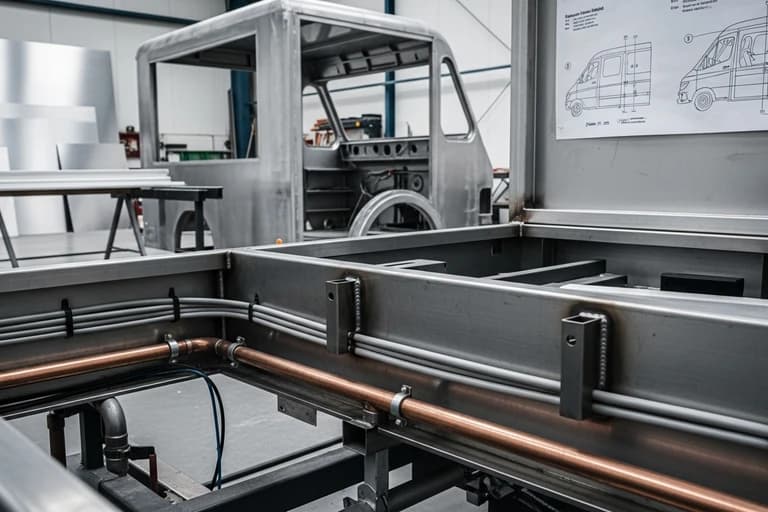 Châssis de food truck en cours d'aménagement avec structure métallique et canalisations cuivre