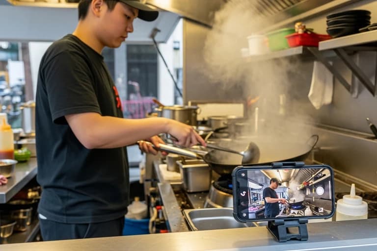 Chef cuisinant dans food truck professionnel filmé avec smartphone sur trépied pour contenu TikTok