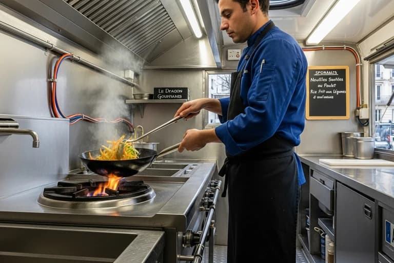 Chef cuisinant dans un wok sur flamme vive dans la cuisine équipée d'un food truck professionnel