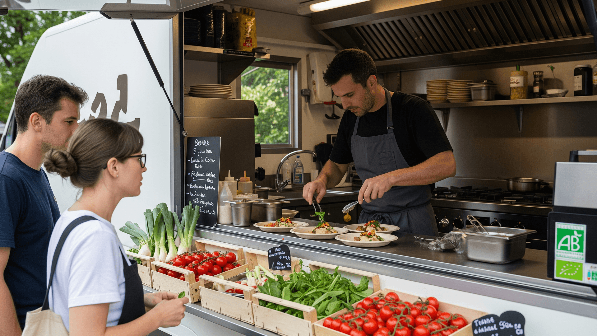Chef dressant des plats dans un food truck MCR aménagé, cuisine professionnelle, clients, et étal de produits frais bio.
