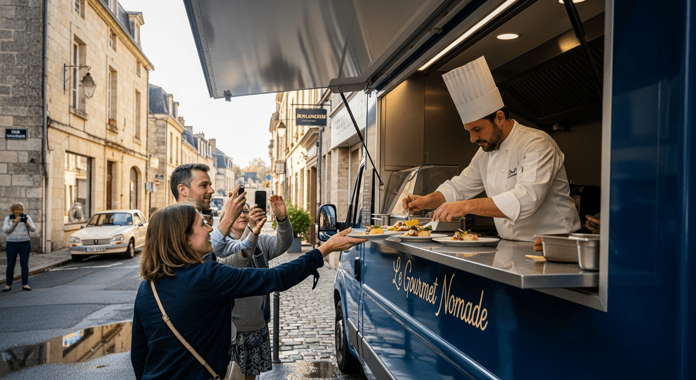 Chef en food truck bleu "Le Gourmet Nomade" servant des plats gastronomiques à des clients dans une rue pavée