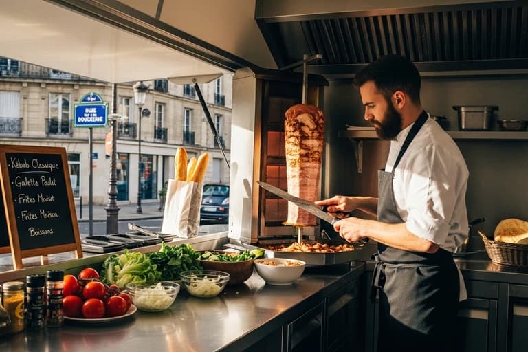 Chef préparant des kebabs dans un food truck avec équipement professionnel et ingrédients frais