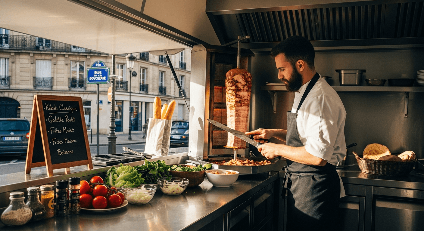 Chef préparant des kebabs dans un food truck avec équipement professionnel et ingrédients frais