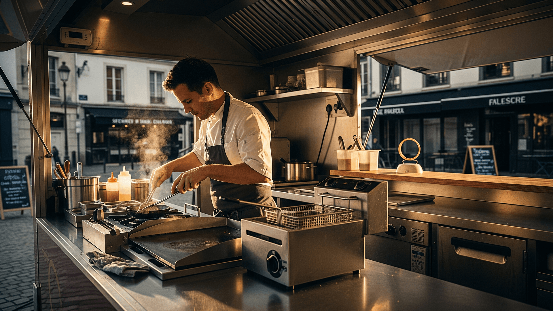 Chef professionnel cuisine avec plancha et friteuse dans un food truck équipé, surfaces en inox, en milieu urbain.