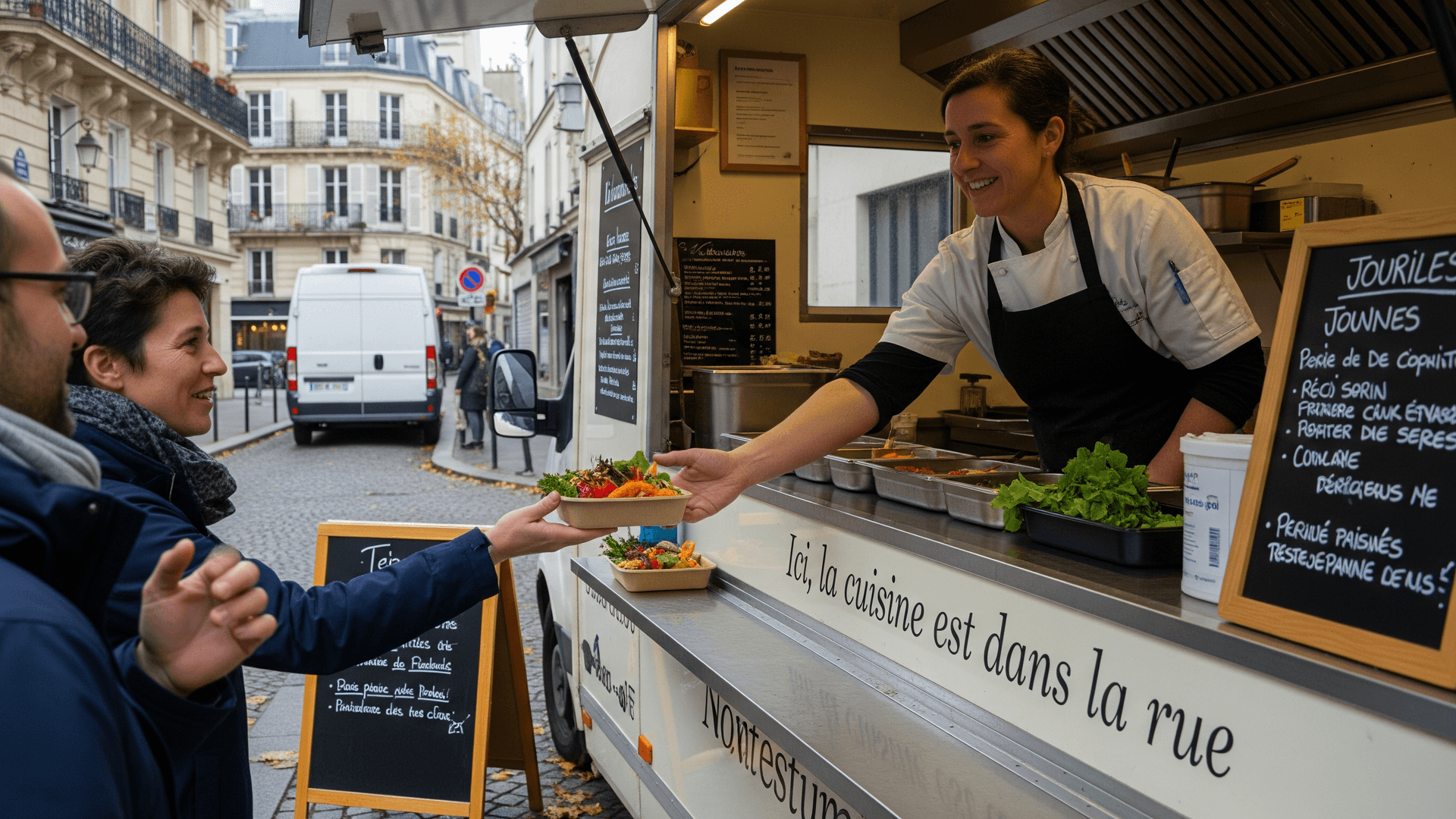 Chef souriante sert des plats frais depuis un food truck blanc aménagé à des clients dans une rue parisienne.