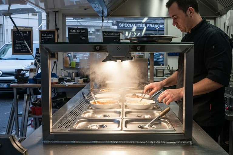 Chef utilisant un bain-marie professionnel avec vitrine chaude dans cuisine de food truck