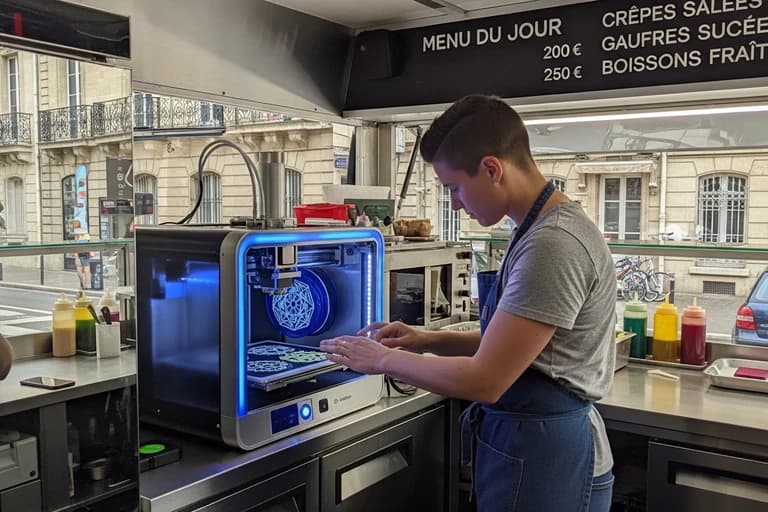 Chef utilisant une imprimante 3D alimentaire dans la cuisine équipée d'un food truck moderne
