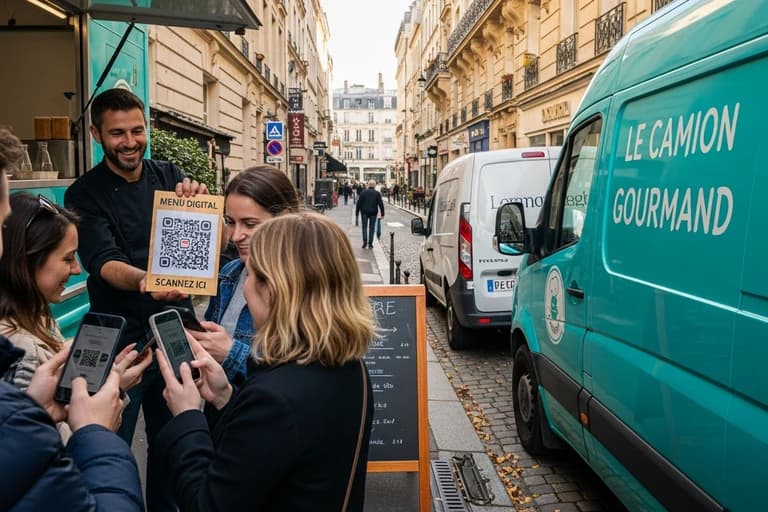 Clients scannant un QR code menu avec leurs smartphones devant un food truck turquoise Le Camion Gourmand