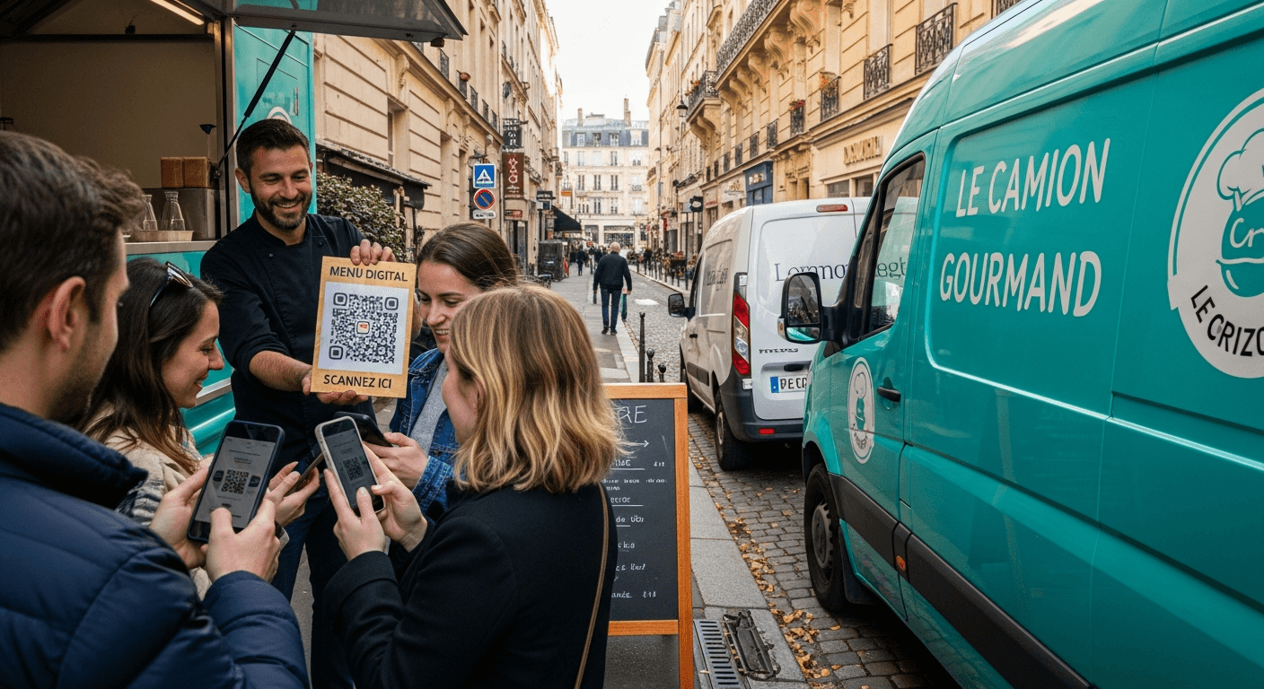 Clients scannant un QR code menu avec leurs smartphones devant un food truck turquoise Le Camion Gourmand