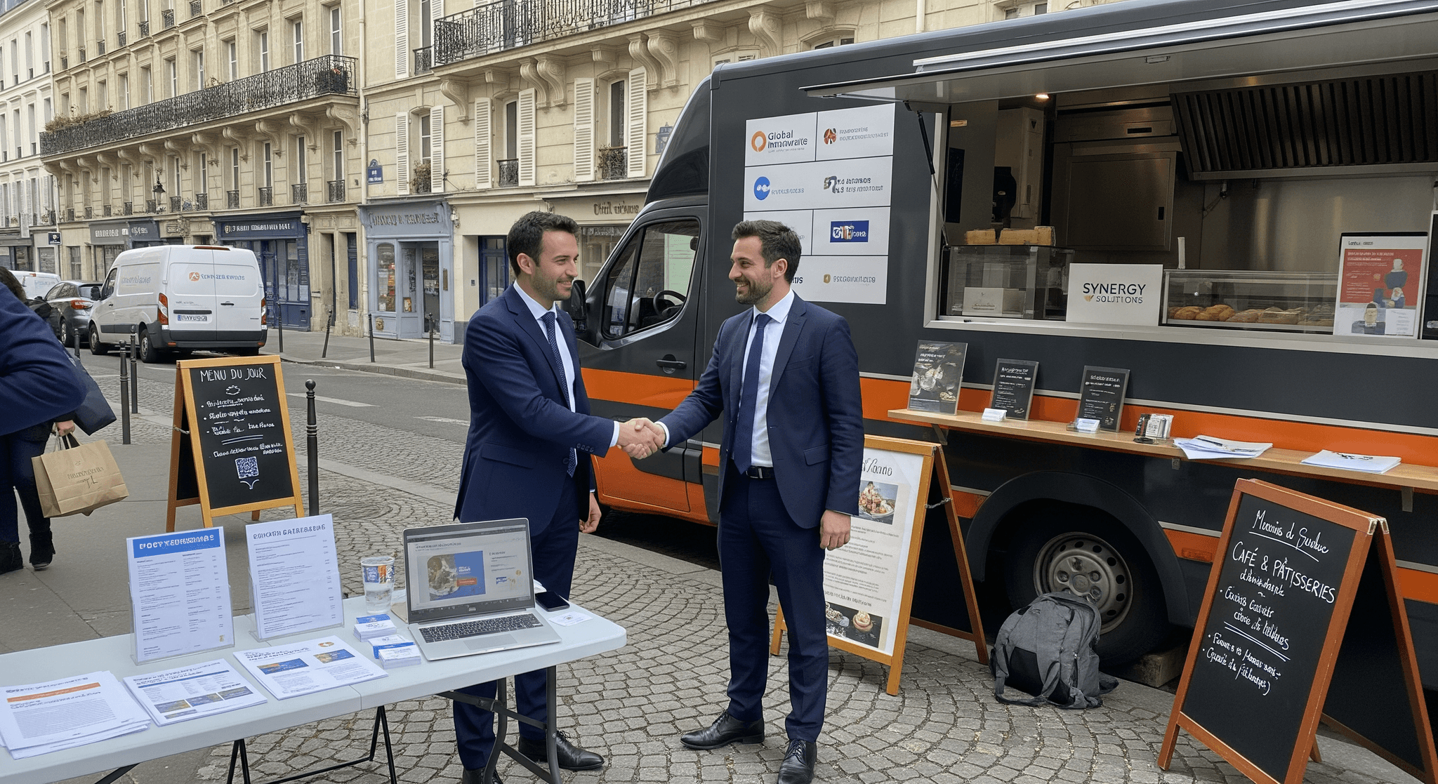 Deux partenaires serrent la main devant un food truck aménagé MCR gris et orange, co-brandé, lors d'un événement de restauration mobile.