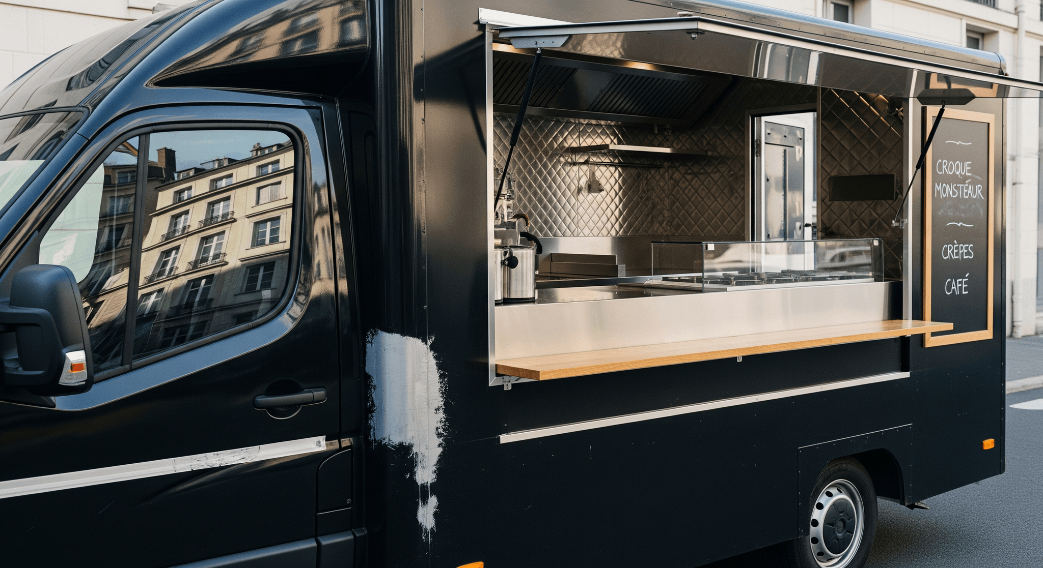 Food truck noir avec cuisine professionnelle en inox, comptoir de service en bois clair et menu ardoise.