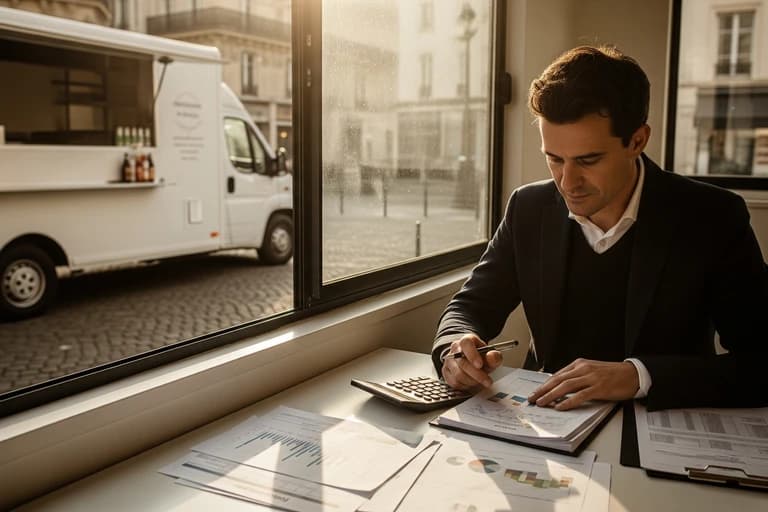 Entrepreneur calculant les revenus d'un food truck blanc aménagé garé en centre-ville, gestion financière.