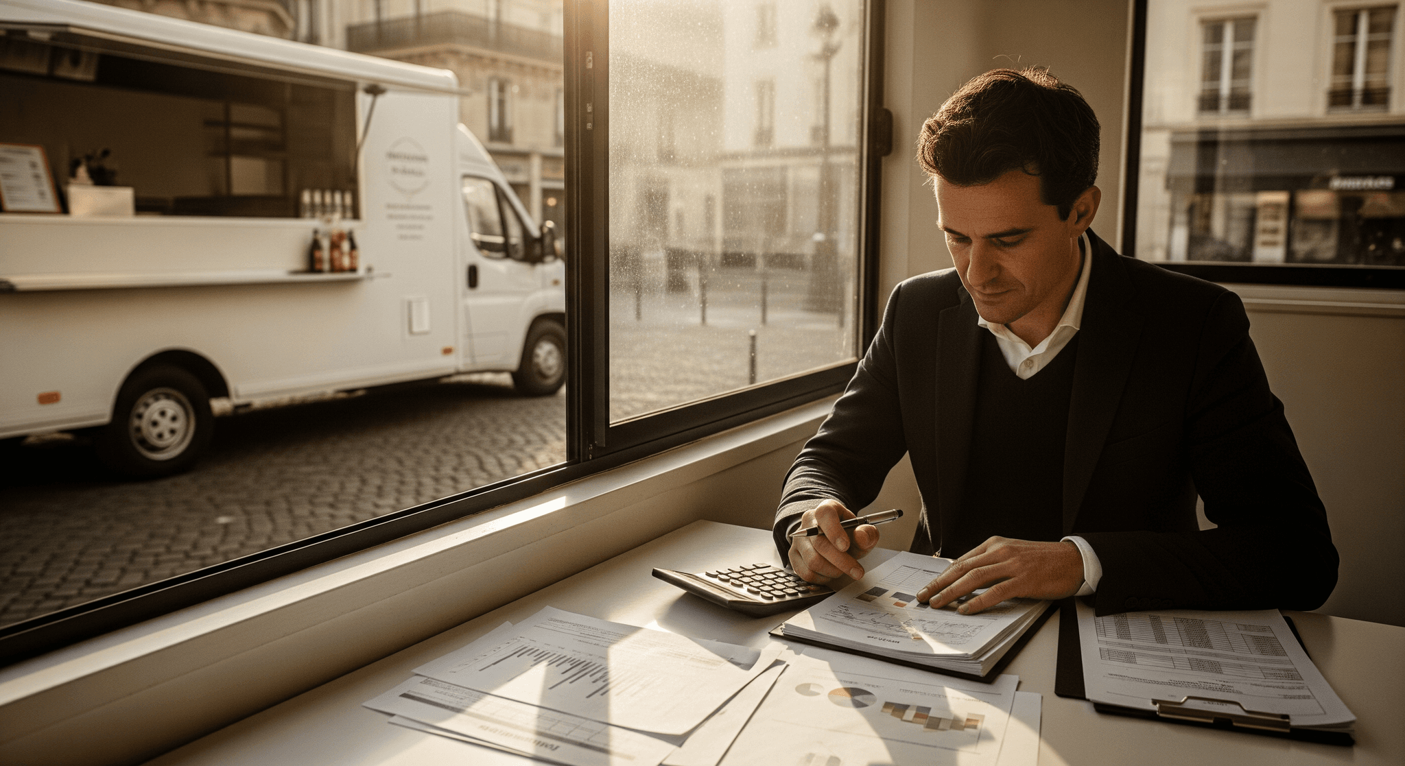 Entrepreneur calculant les revenus d'un food truck blanc aménagé garé en centre-ville, gestion financière.