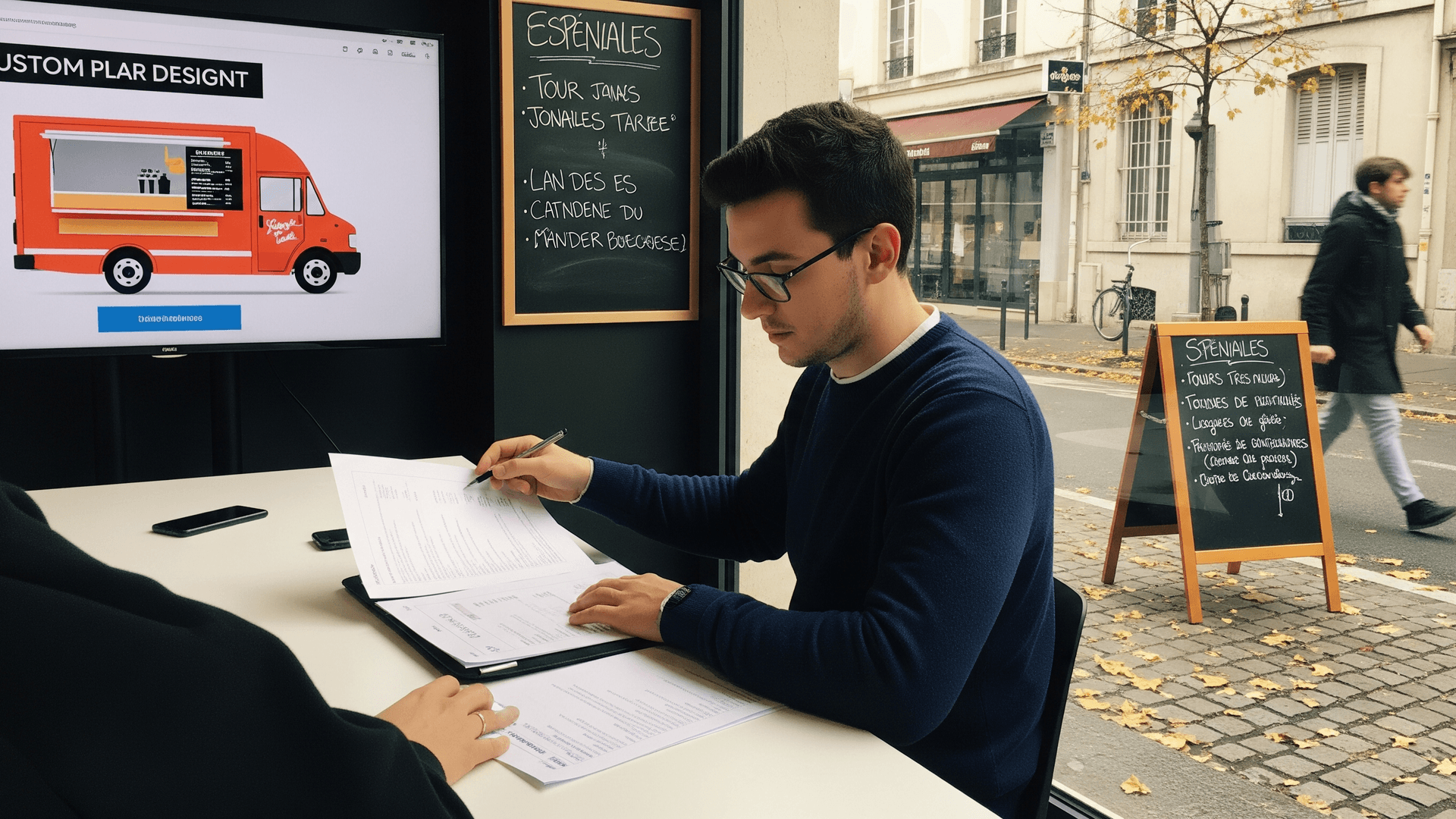 Conception food truck: client signant un devis avec un design de véhicule orange personnalisé affiché sur écran.