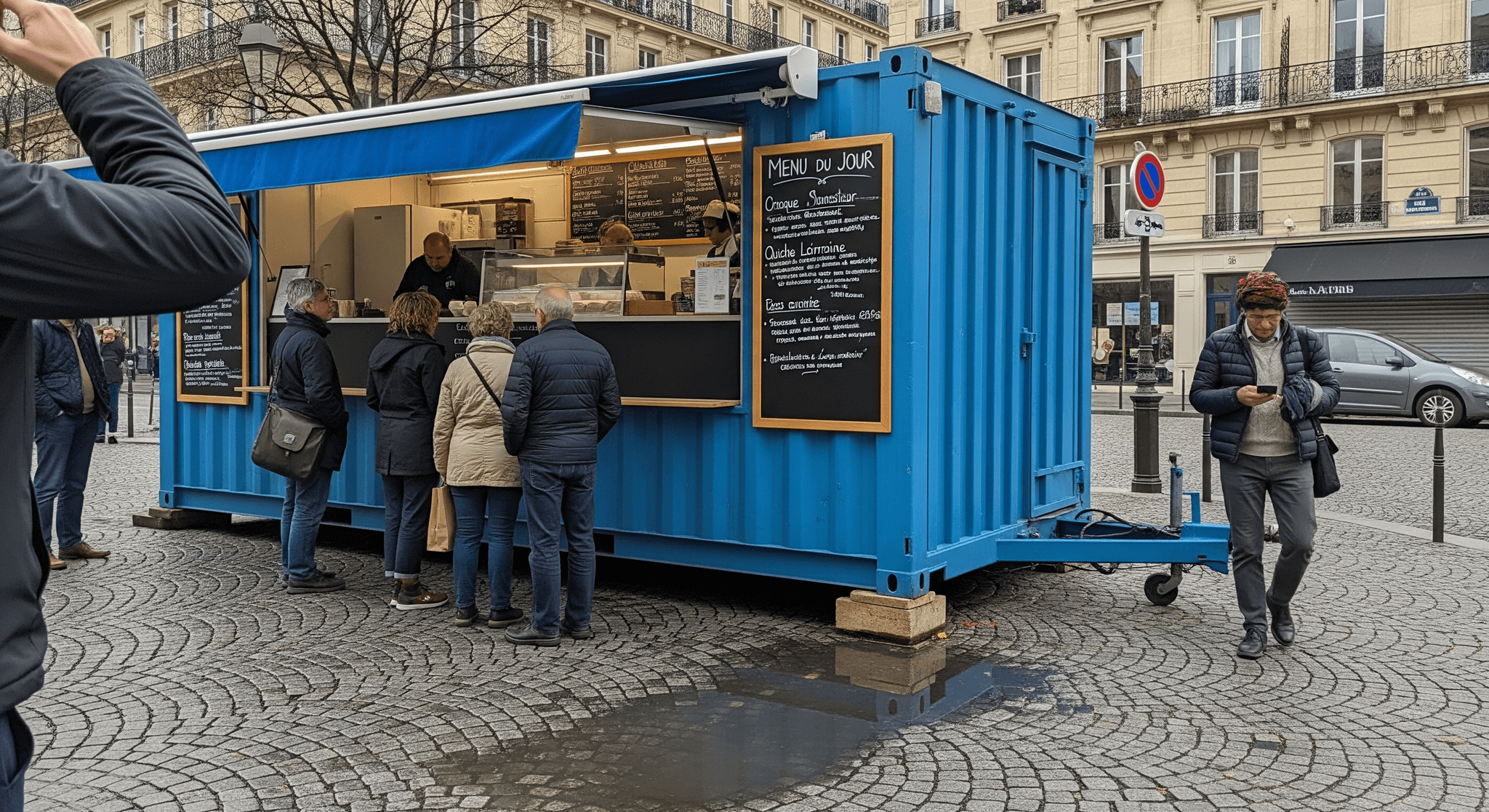 Container aménagé bleu sur remorque, concept mobile de restauration rapide. Clients font la queue devant le comptoir.