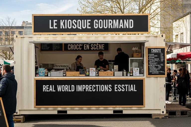 Container aménagé en food truck Le Kiosque Gourmand avec façade ouverte et personnel en service