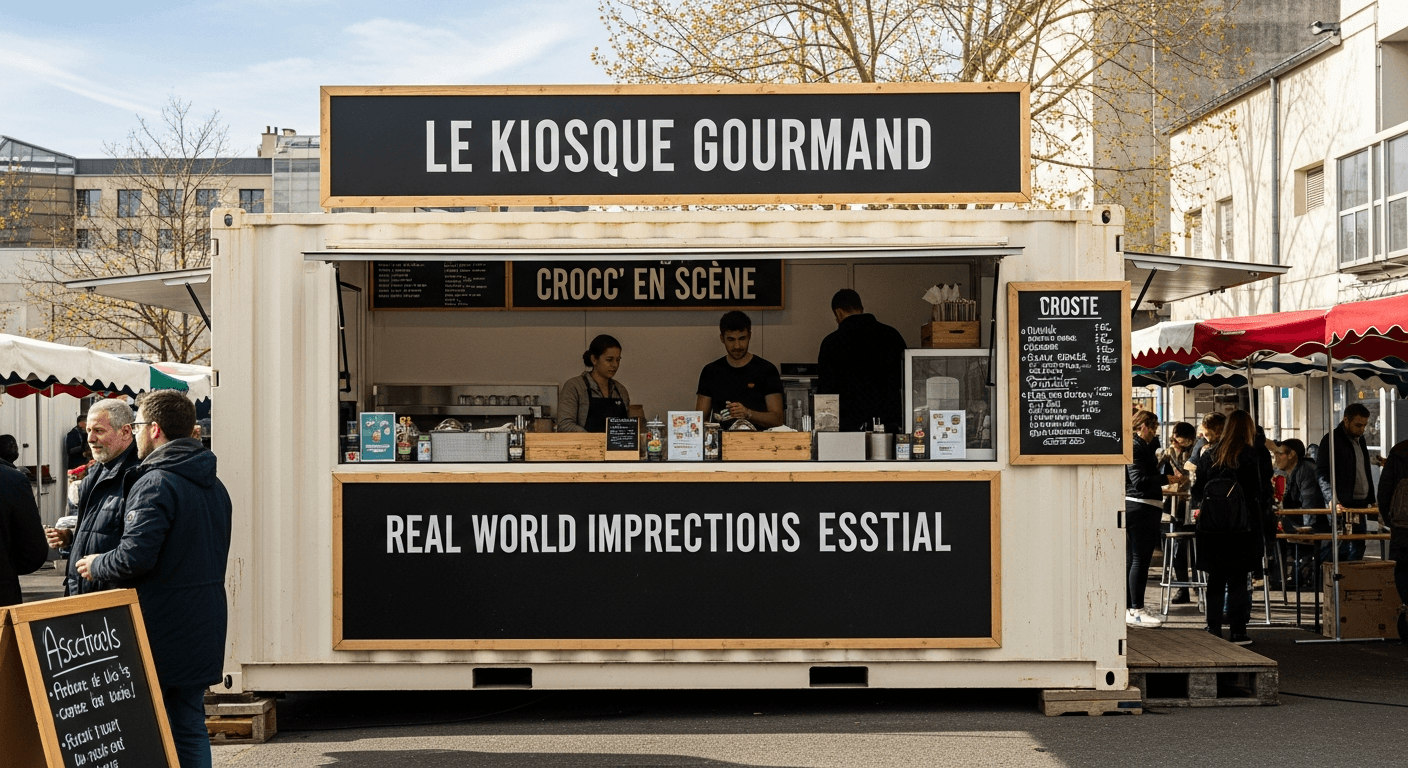 Container aménagé en food truck Le Kiosque Gourmand avec façade ouverte et personnel en service