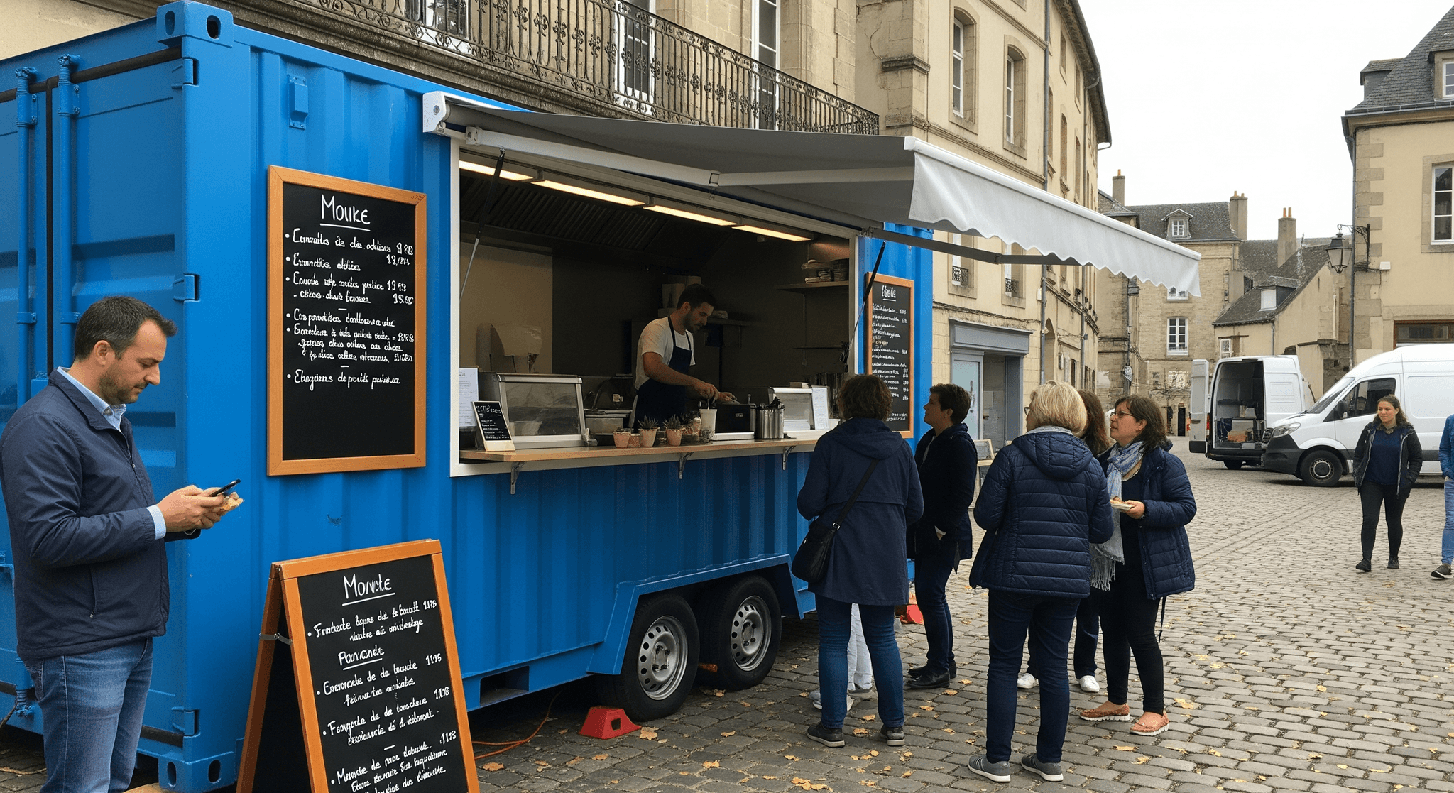 Container food truck bleu MCR aménagé sur remorque, servant des clients sur une place pavée. Concept mobile de restauration ambulante.