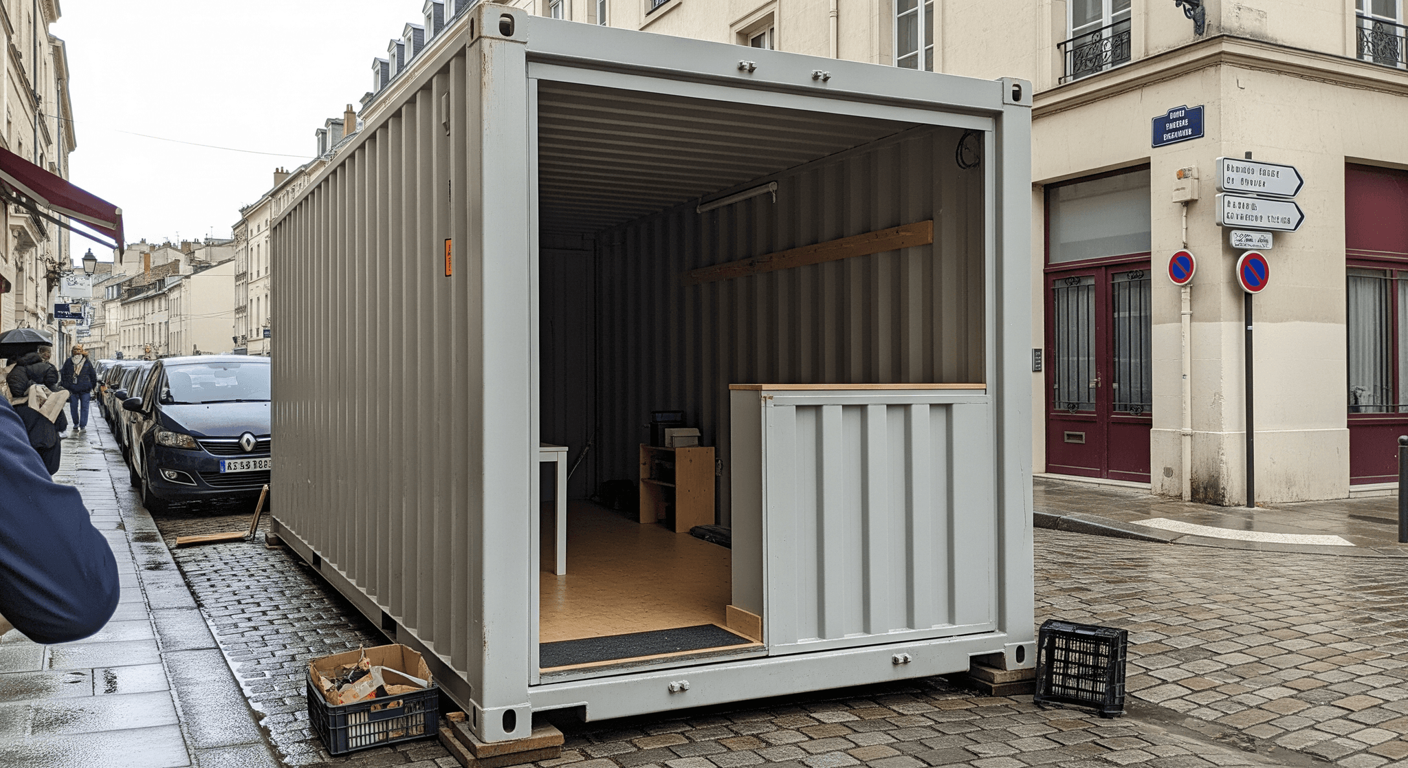 Container maritime aménagé gris, ouvert sur rue pavée, avec intérieur optimisé pour concept de restauration, plancher bois, comptoir et poutre.