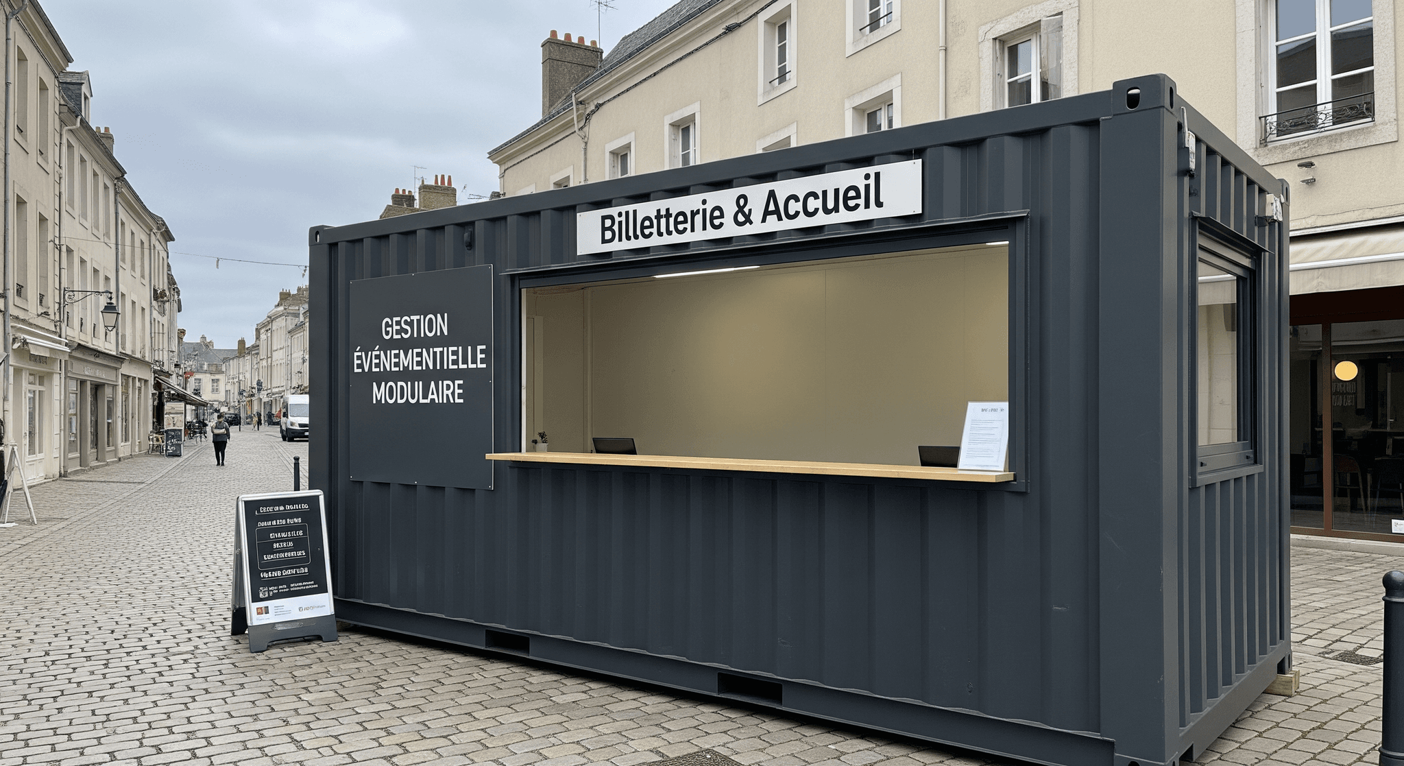 Container aménagé gris anthracite MCR pour billetterie et accueil événementiel, avec large comptoir en bois.