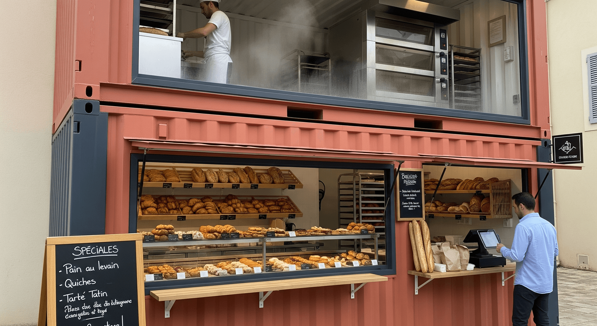 Container boulangerie-pâtisserie MCR sur deux niveaux : four professionnel, vitrine garnie de pains, viennoiseries et boulanger en action.