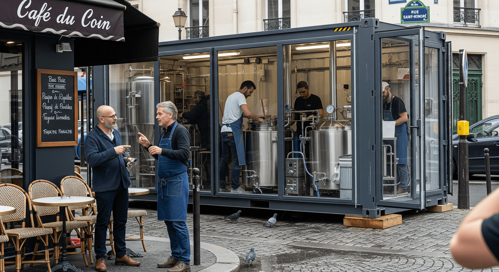 Container MCR aménagé en brasserie artisanale mobile, vitré, avec cuves de brassage et brasseurs en activité.