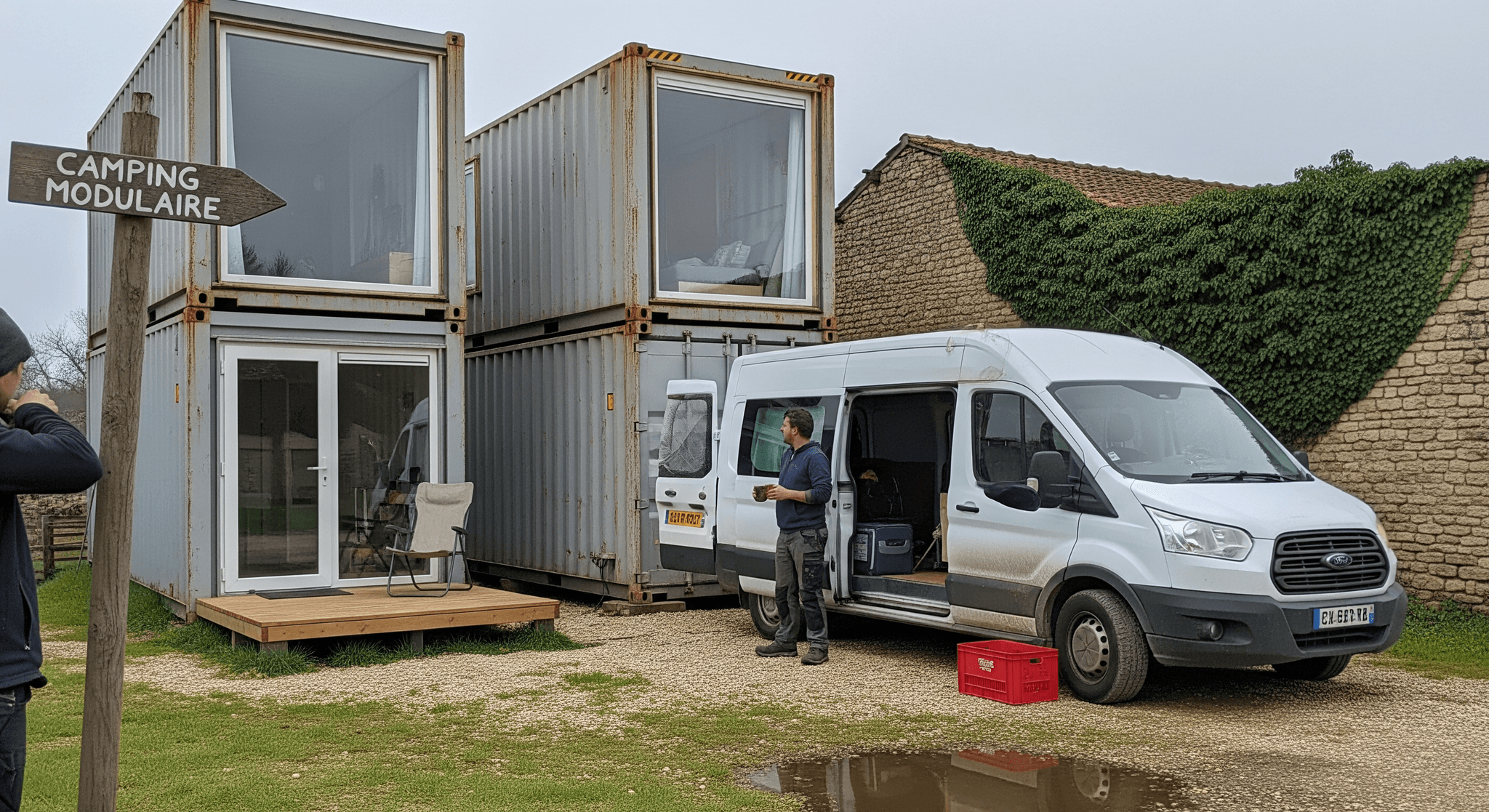 Containers aménagés pour camping modulaire, empilés, avec grandes baies vitrées, terrasse bois et panneau directionnel.