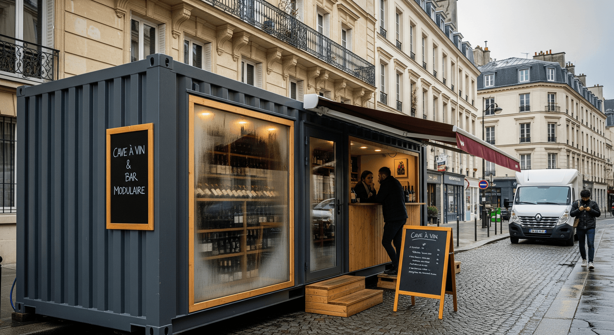 Container aménagé gris, cave et bar à vin mobile, avec vitrine illuminée, comptoir en bois et auvent, installé en rue urbaine pavée.