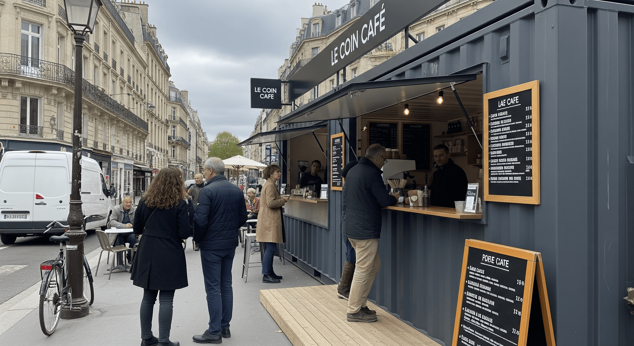 Container aménagé gris foncé Le Coin Café : un concept modulaire de coffee shop urbain avec comptoir et clients.