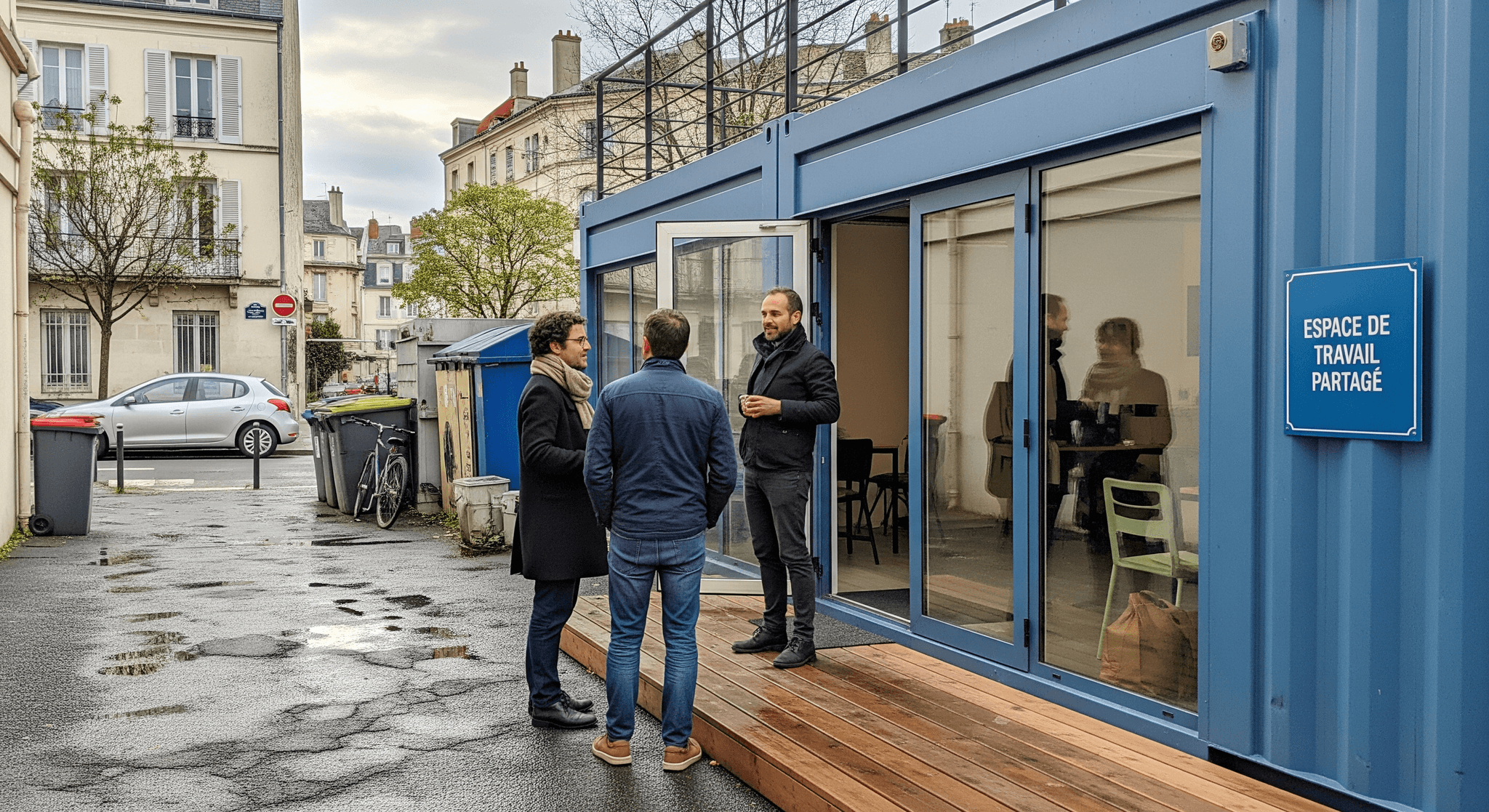 Container aménagé bleu, bureau modulaire pour coworking urbain. Trois hommes discutent sur la terrasse en bois.