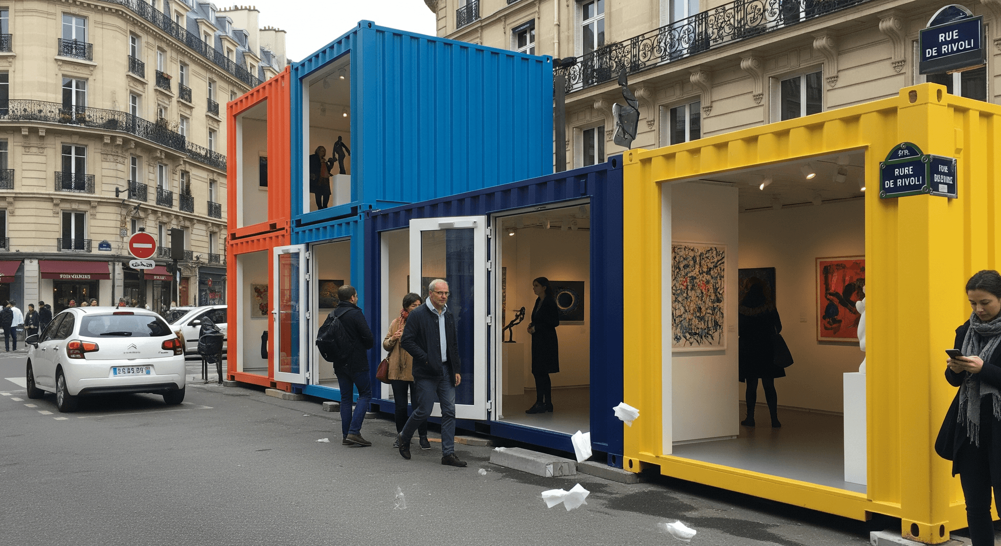 Containers aménagés multicolores transformés en galerie d'art éphémère exposant des œuvres, installés rue de Rivoli à Paris.