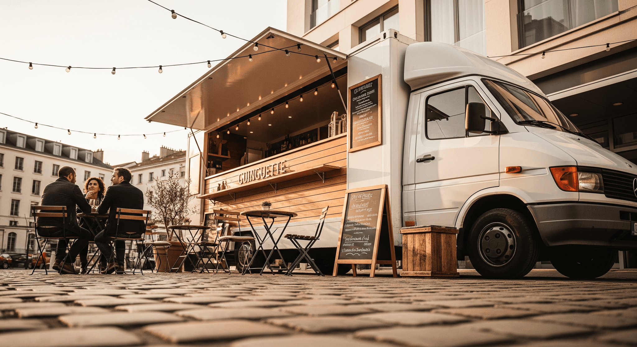 Concept mobile guinguette sur food truck van blanc, façade bois, guirlandes, tables bistro en place urbaine.