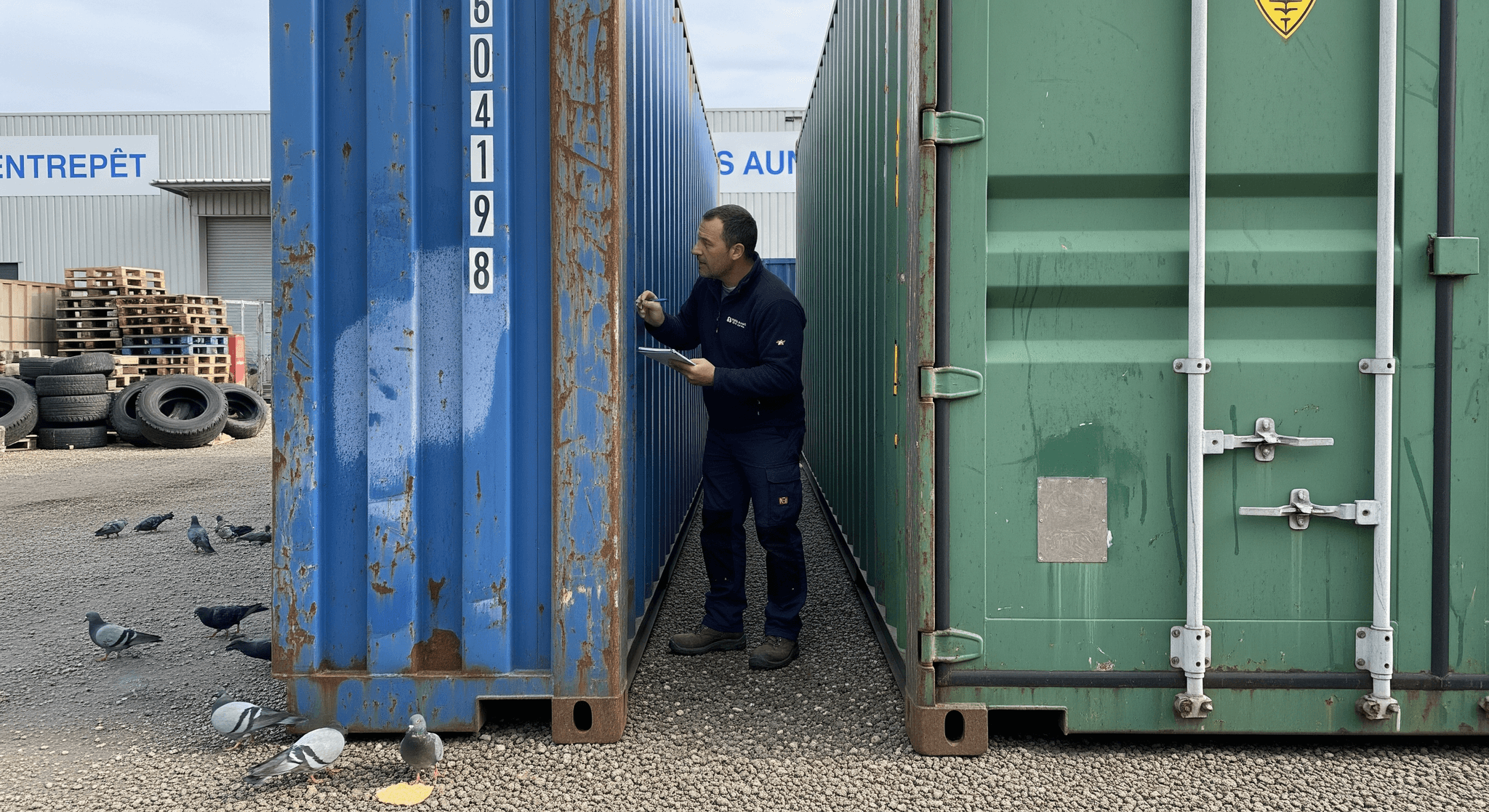 Expert MCR inspecte un container maritime bleu rouillé près d'un vert pour un futur concept de restauration mobile.