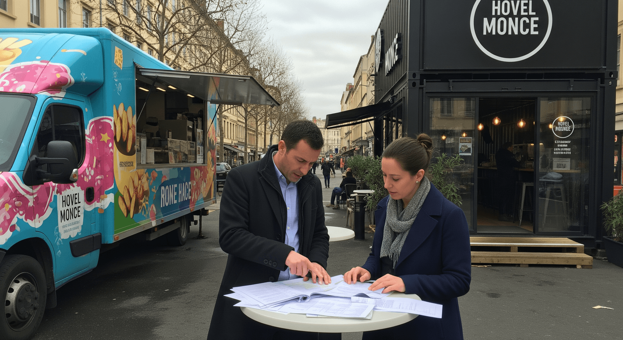 Food truck ambulant bleu et rose Hovel Monce et restaurant container aménagé noir en ville; deux professionnels analysent des dossiers.