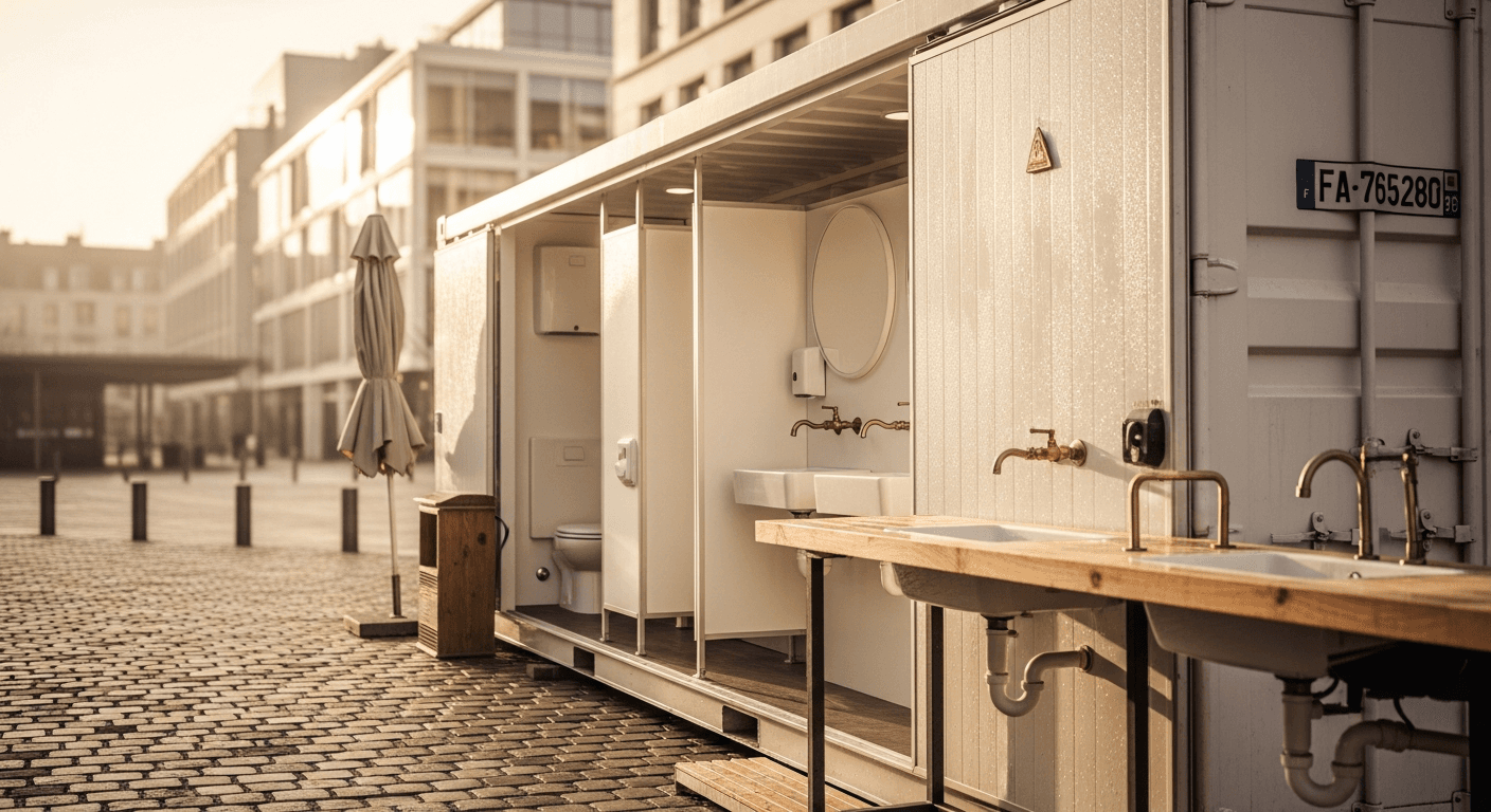 Container sanitaire modulaire avec lavabos en bois et toilettes ouvertes sur place pavée