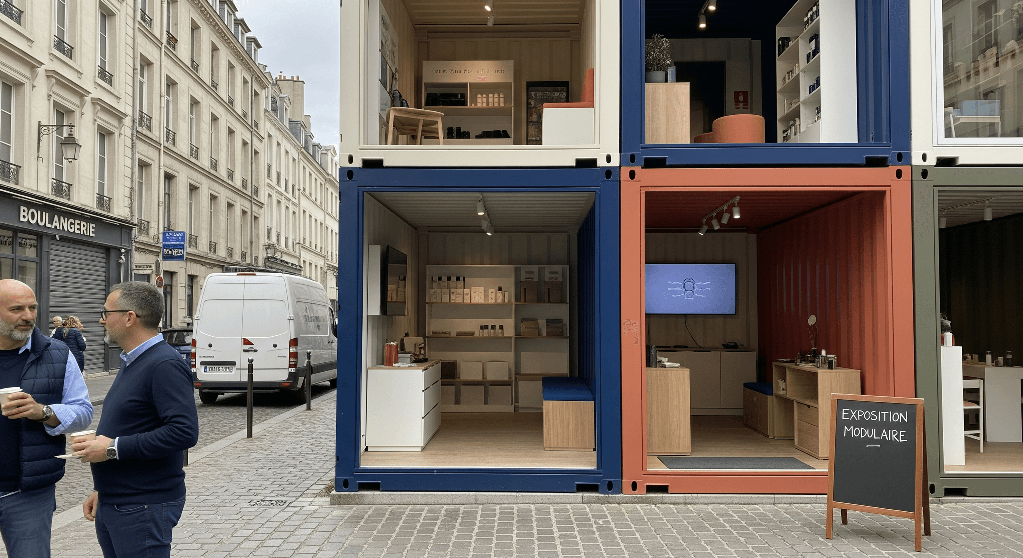 Showroom modulaire MCR : containers aménagés empilés bleu, terracotta, blanc sur rue parisienne animée.